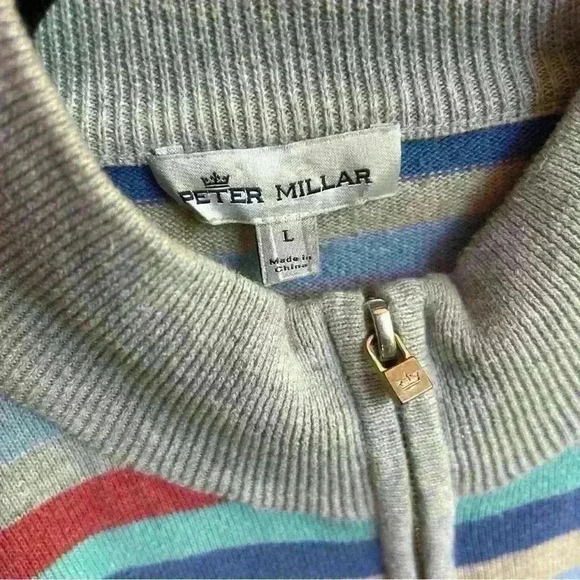 Peter Millar Sweater Men's Large Multicolor Stripe 1/4 Zip Cotton Silk Cashmere - Picture 5 of 6